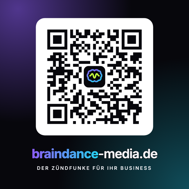 Braindance-Media-Aufkleber mit QR-Code zu braindance-media.de, Logo und Slogan „Der Zündfunke für Ihr Business“